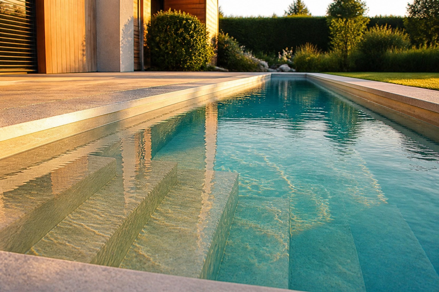 Klares Poolwasser über breiten mineralischen Einstiegsstufen im Abendlicht